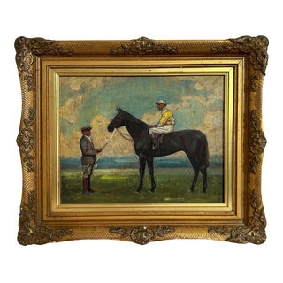 1920s "Fairy Elf at Newmarket" Antique Race Horse Painting English Equestrian Oil on Wood Panel by W. Galloway For Sale