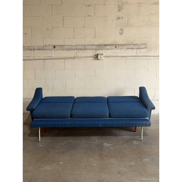 1970s Blue Upholstered Convertible Sofa Daybed 3-Seat Couch Lounge Mid-Century Modern 1970s For Sale - Image 5 of 11