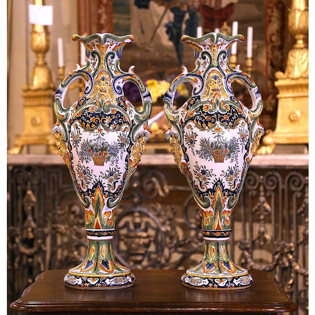 Early 20th Century Pair of Early 20th Century French Hand Painted Faience Vases From Rouen For Sale - Image 5 of 8