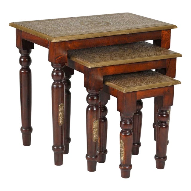 1970s Hand Hammered Brass Nesting Tables Set of 3 | Solid Wood Side Tables With Gold Top | Indian Accent Furniture | Living Room End Tables For Sale
