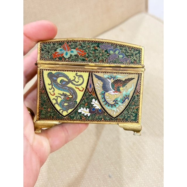 Metal Exceptional Meiji Japanese Cloisonne Enamel Phoenix Dragon Box Signed Inaba For Sale - Image 7 of 15