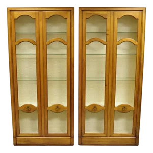 Vintage Baker Hollywood Regency Cherry Wood 2 Door Curio Cabinet Bookcase - Pair