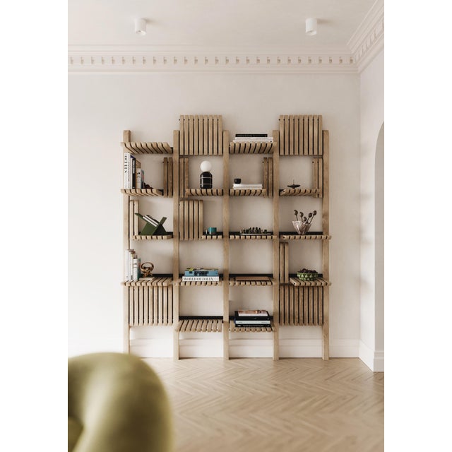 Contemporary Modern Shelving System Handcrafted Honey Stained Wood on the Steel Frame Modular Shelves 500 Mm For Sale - Image 3 of 16