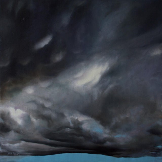 This artwork presents a dramatic sky filled with swirling clouds in deep grays and blues, evoking a sense of impending...