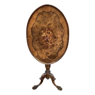 Late 19th Century Victorian Tilt-Top Table W/Burlwood Top, Floral Inlay and Lions Paw Feet For Sale