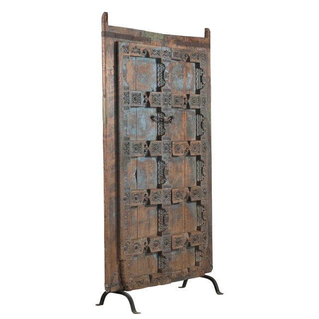 Indian Antique Indian Carved Teakwood Door on Iron Stand For Sale - Image 3 of 3
