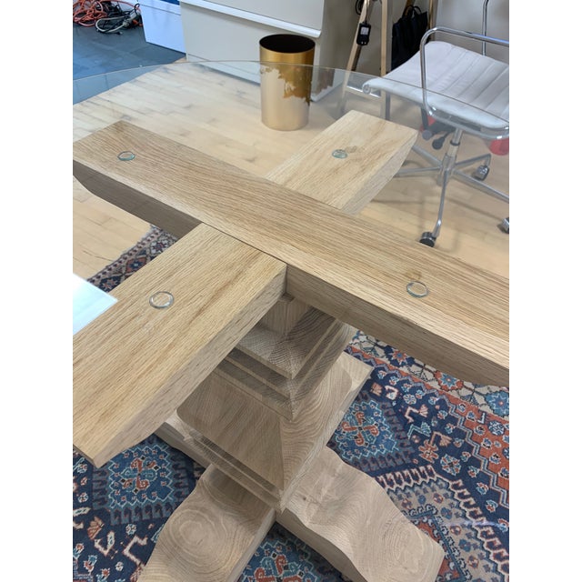 Wooden Trestle Dining Table With Pedestal And Glass Top Chairish