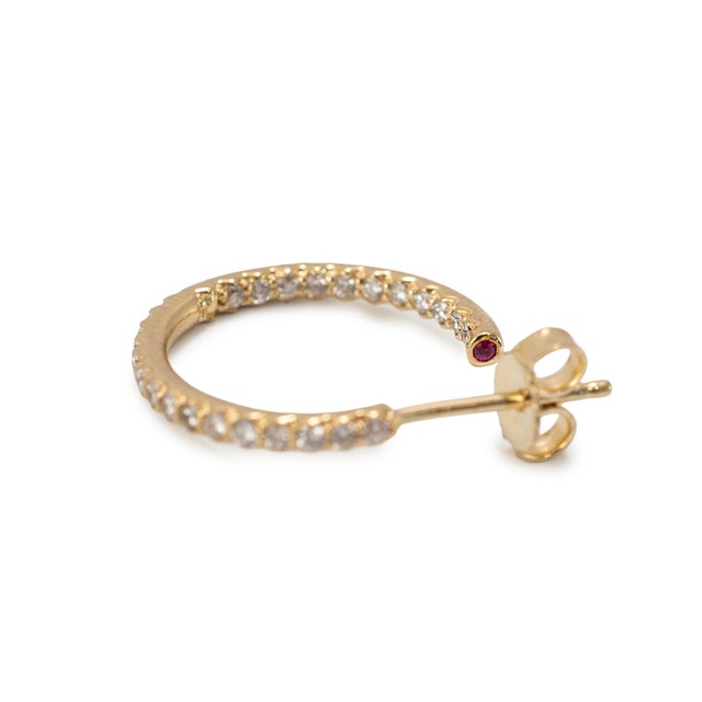 Early 21st Century 18k Yellow Gold 0.63ctw Pave Diamond and Ruby Open Hoop Earrings, A Pair For Sale - Image 5 of 8