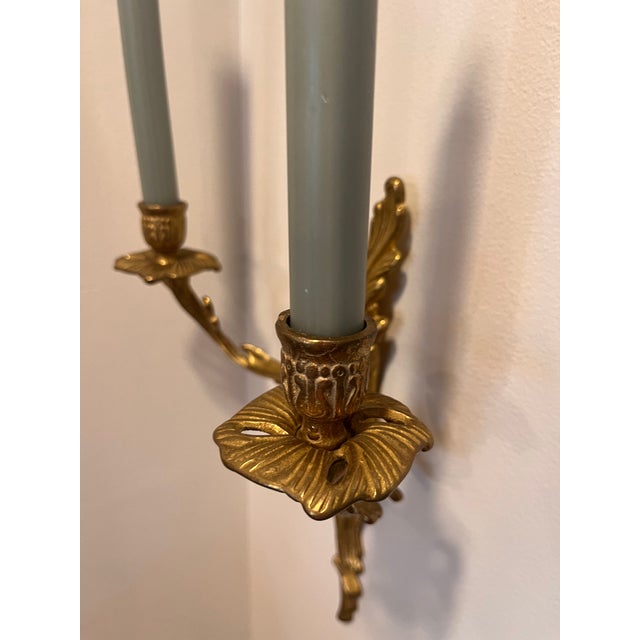 1930s Antique Double Arm Cast Brass Candle Sconces- a Pair For Sale - Image 5 of 8