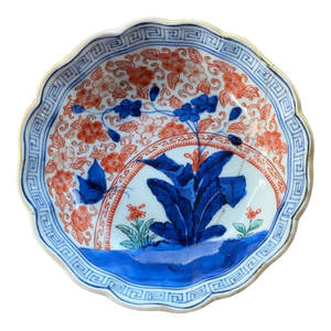 Antique Japanese Arita Imari Scalloped Porcelain Bowl – Hand Painted Blue & Iron Red