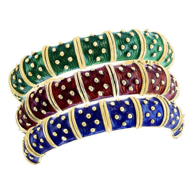 Late 20th Century Three-Piece Bangel / Cuff Set Red Green & Blue Enamel 18 Kt Gold 286 Gm, Hidalgo For Sale - Image 15 of 18