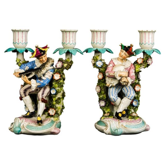 Ceramic Antique German Porcelain Jester Figural Candelabra, 1890s For Sale - Image 7 of 7