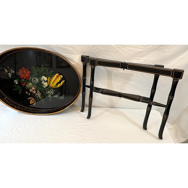 Late 20th Century Regency Chinoiserie Style Lacquer and Faux Bamboo Folding Tray Table For Sale In West Palm - Image 6 of 18