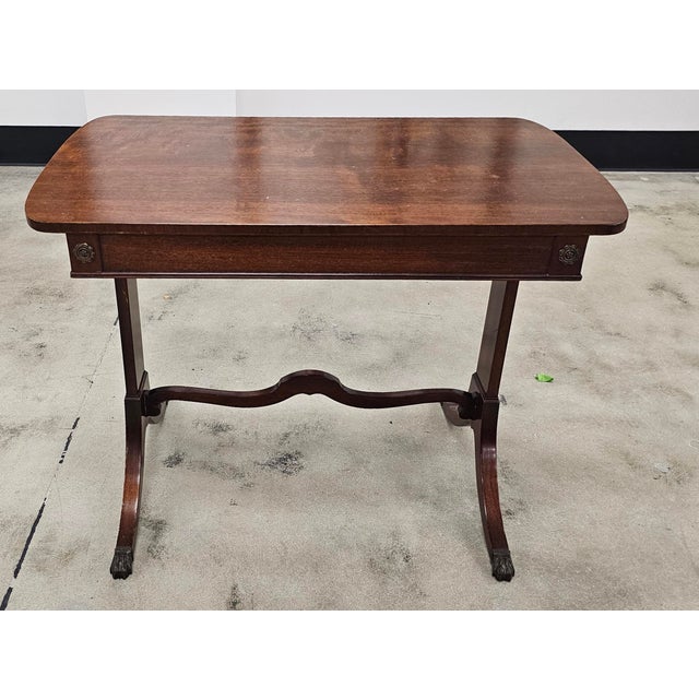 Traditional Mid Century Regency Style Mahogany Trestle Table With Pull-Out Trays and Brass Paw Feet For Sale - Image 3 of 9