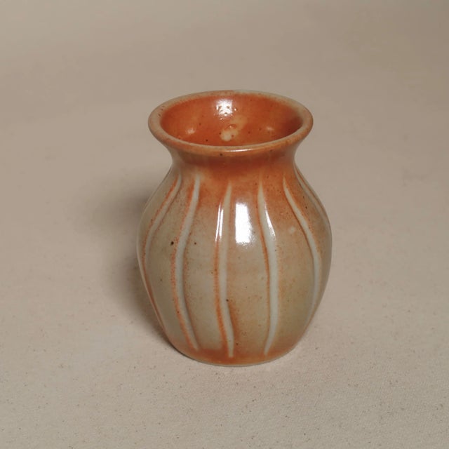 Early 21st Century Hand-Thrown Studio Pottery Bud Vase With Warm Terracotta Glaze and Vertical Slip Trailing For Sale - Image 5 of 9