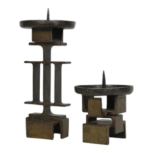Signed Late 20th Century Heavy Iron Modernist Blacksmith Signed Pricket Candlesticks- Set of 2