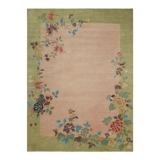 Rug & Kilim’s Chinese Art Deco Style Rug in Pink With Colorful Floral Patterns For Sale