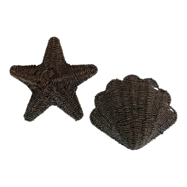 Vintage Boho Chic Coastal Wicker Starfish & Clam Shell Wall Objects - A Pair For Sale