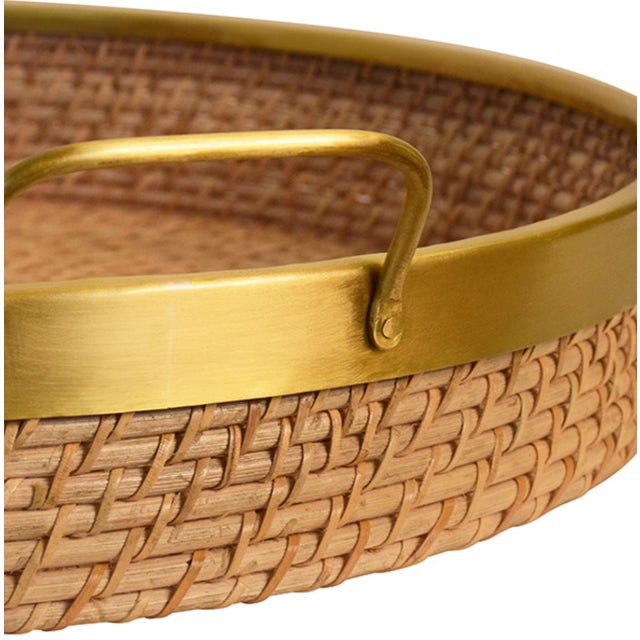 2020s Matthew Izzo Home Babs 18" Natural Rattan & Brass Serving Tray For Sale - Image 5 of 5