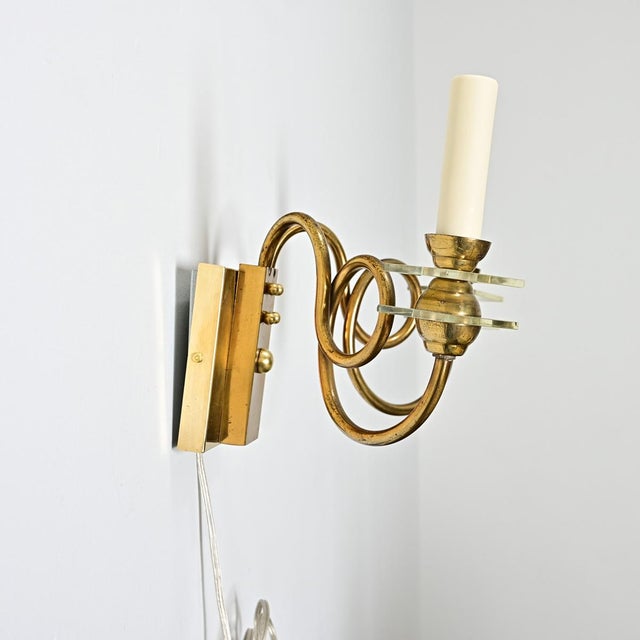 Metal Vintage French Brass & Glass Wall Sconces - A Pair For Sale - Image 7 of 14