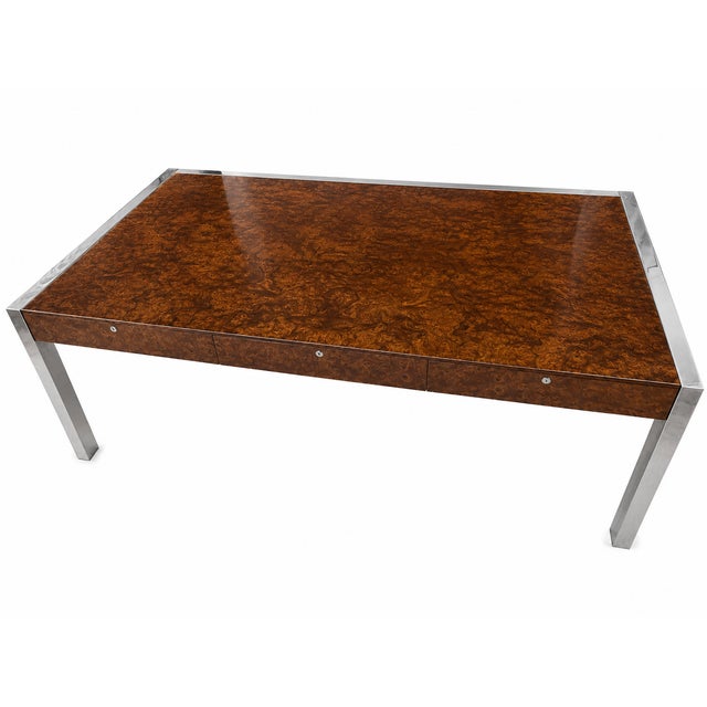 Mid-Century Modern 1970s Rare Leon Rosen for Pace Collection Burl Wood & Chrome Executive Desk For Sale - Image 3 of 11