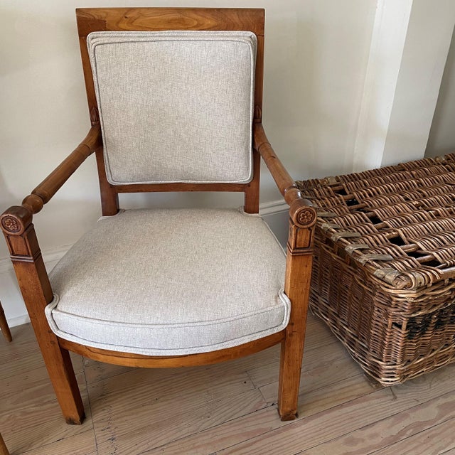 Pair of French Side Chairs, Fruitwood Early 19th Century Newly reupholstered in linen
