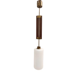Vintage Pendant Light in Opaline Glass, Teak & Brass, Italy, 1960s For Sale