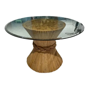 1960s Round Rattan Dining Table With Glass Top – Attributed to McGuire Furniture