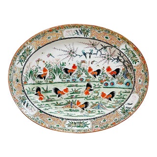 Antique Cantonese Famille Rose Platter With Rooster Motif For Sale