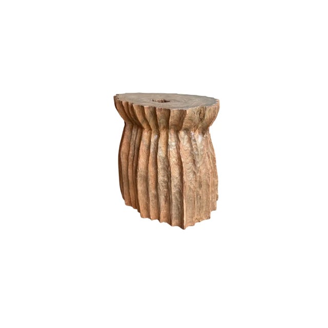 Sculptural Teak Wood Side Table Organic Fluted Form With Hand-Carved Texture For Sale - Image 4 of 7