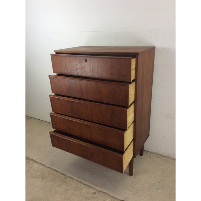 1960s Danish Modern Teak 5 Drawer Highboy Dresser With Lock & Key on Tapered Legs For Sale - Image 5 of 12