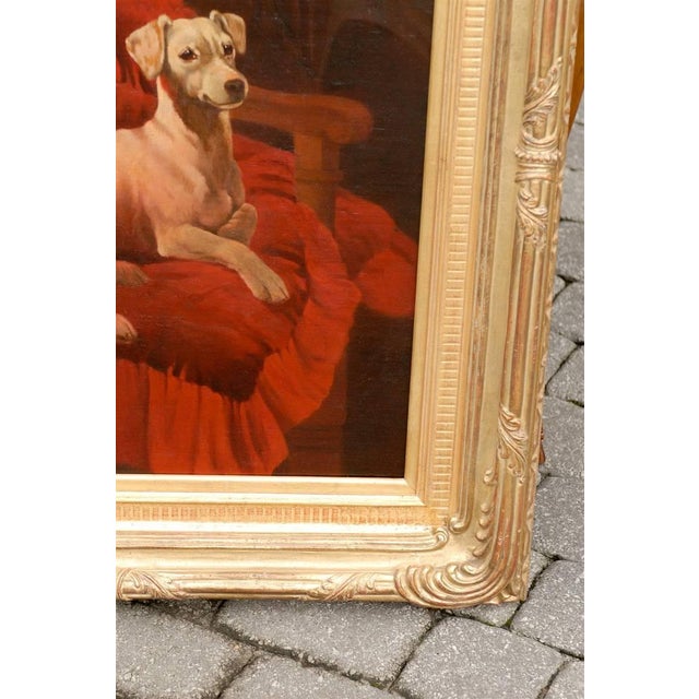 Red English Late 19th Century Vertical Oil Painting of a Dog Sitting in an Armchair For Sale - Image 8 of 10