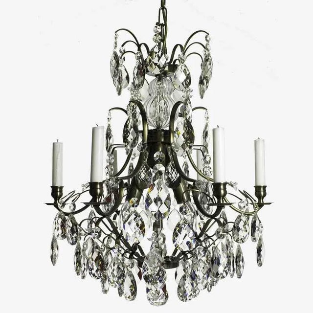 Classic Dark Brass 6 Arm Baroque Style Chandelier With Almond Crystals For Sale - Image 4 of 6