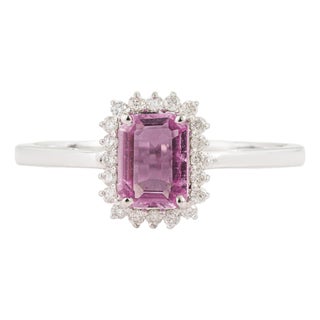 Art Deco Emerald-Cut Pink Sapphire & Diamond Halo Ring in 14k White Gold Size 9 For Sale