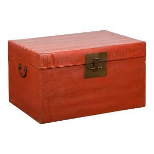 Vintage Chinese Red Lacquer Blanket Chest with Brass Lock and Lateral Handles
