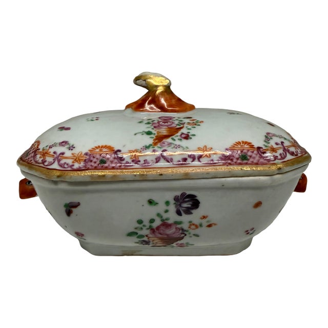 Mid 18th Century Chinese Export-Style Famille Rose Covered Butter Dish, Qianlong Style For Sale