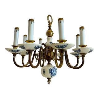 Vintage Blue and White Porcelain and Brass Chandelier For Sale