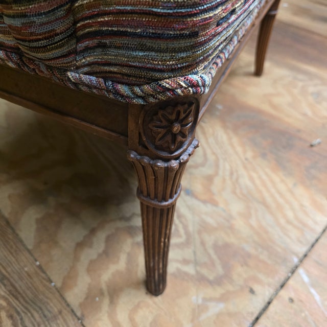 Wood Louis XVI Revival Carved Walnut Fauteuil Armchair With Fluted Legs and Striped Upholstery, 20th Century For Sale - Image 7 of 11