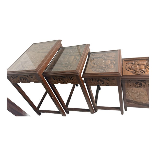1950s George Zee & Co. Carved Wood Nesting Tables Set With Glass Tops Buddha For Sale