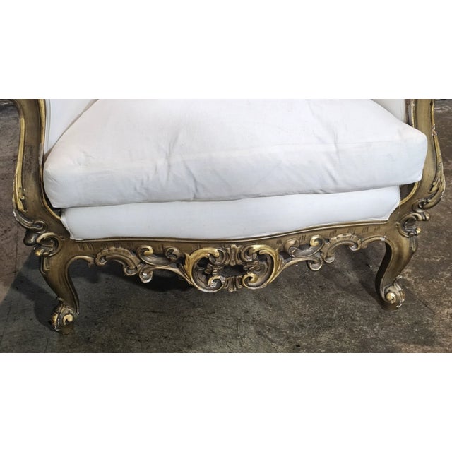 Wood Early 20th Century Pair Italian Rococo Style Giltwood Armchairs Cream Colored Muslin Fabric For Sale - Image 7 of 11