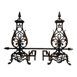 Gilbert Poillerat Style, Wrought Iron and Gilt Iron Andirons - A Pair For Sale