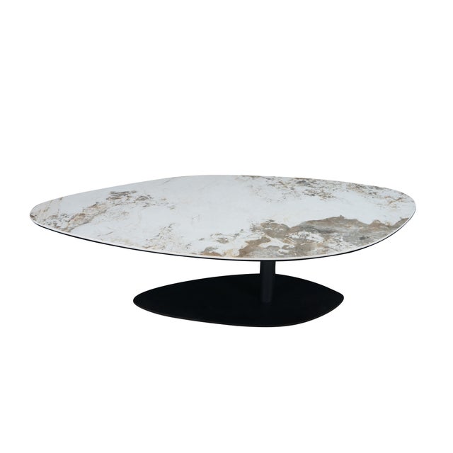 The Lerin Coffee Table exemplifies refined elegance with its sleek black metal pedestal base paired with a soft white...