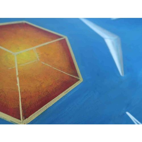An evocative contemporary abstract painting featuring a vivid and luminous silver moon and a golden sun set against a deep...