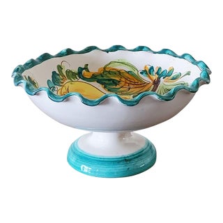 Mid-Century Majolica Ceramic Pedestal Bowl With Fluted Rim and Carvings Depicting Fruit For Sale