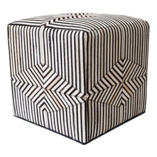 Handmade Beige Brown Geometric Cowhide Leather Ottoman Pouf 18x18x18 In For Sale