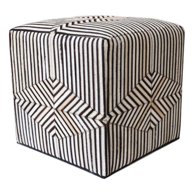 Handmade Beige Brown Geometric Cowhide Leather Ottoman Pouf 18x18x18 In For Sale