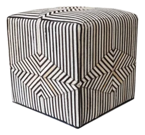 Handmade Beige Brown Geometric Cowhide Leather Ottoman Pouf 18x18x18 In