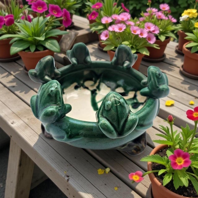 A vintage majolica-style planter modeled as a lily pad bowl surrounded by sculptural frogs, finished in a deep green glaze...