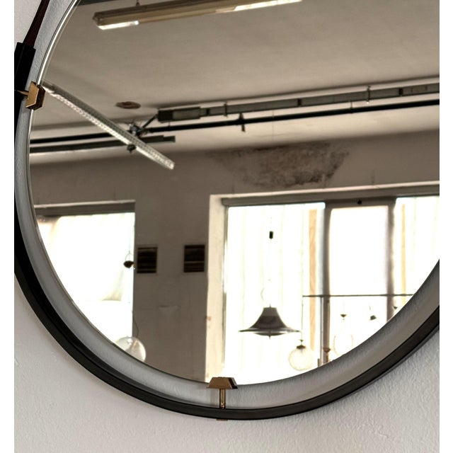 Metal Italian Floating Wall Mirror with Leather Strap and Brass Details, 1960s For Sale - Image 7 of 14