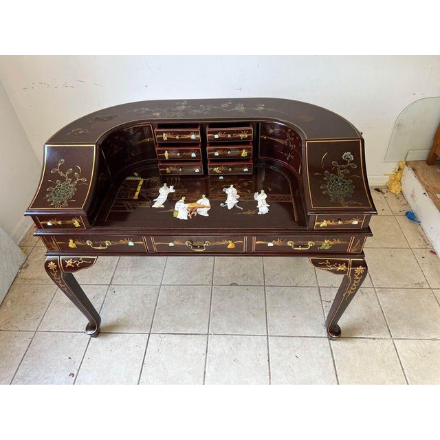 Vintage Chinoiserie Carlton Style Hardstone Decorated Desk With Chair - Set of 2 For Sale - Image 10 of 10